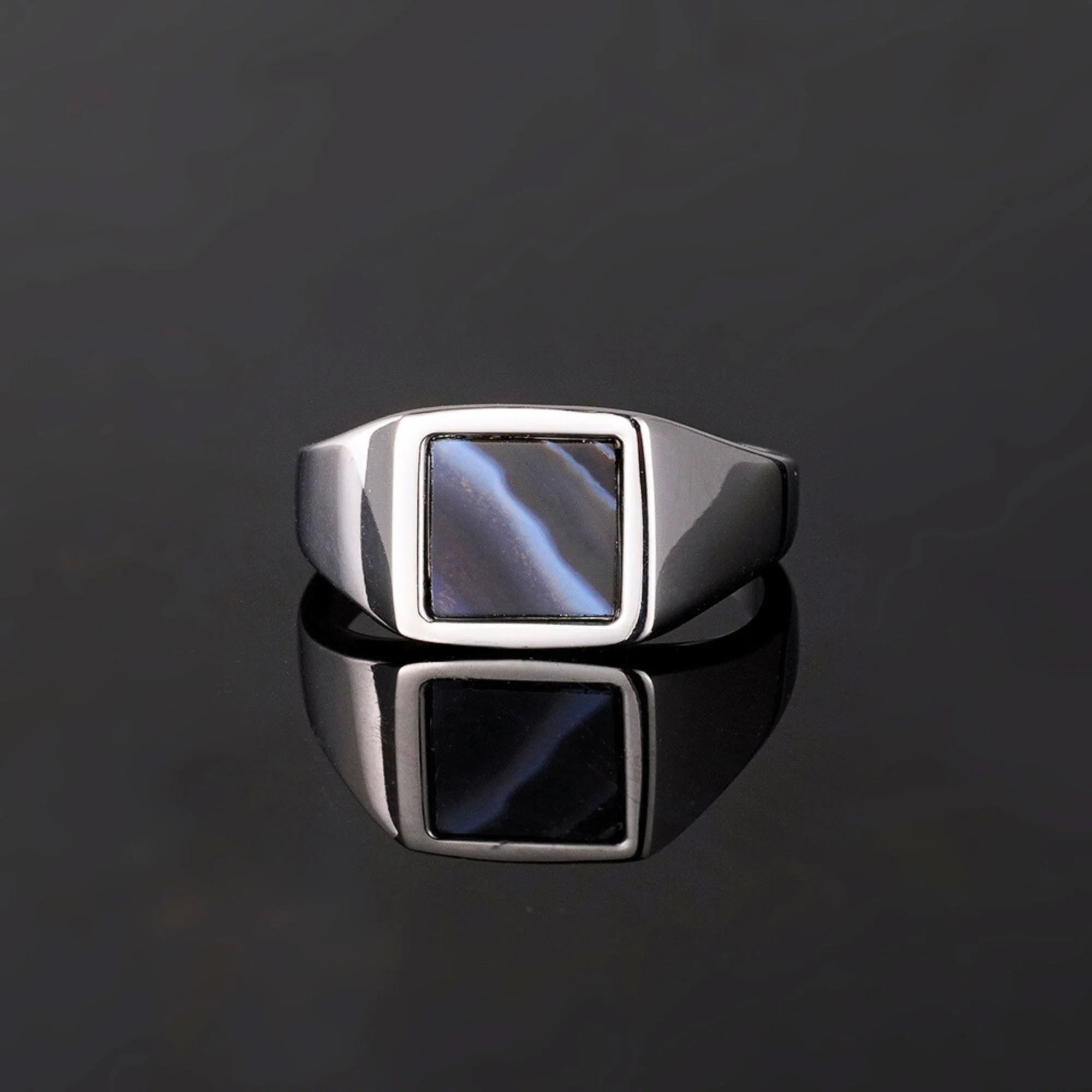Square White Line Onyx Ring - Silver - Image 5